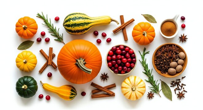 ThanksGiving Day Festive autumn harvest arrangement with vibrant pumpkins, cranberries, and warm spices creating a cozy Thanksgiving or fall baking concept, perfect for seasonal marketing and promotio