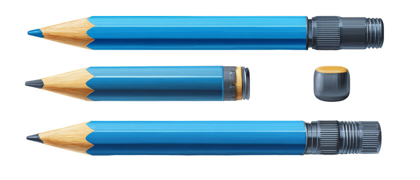 A close-up view of three blue mechanical pencils arranged in a row, showcasing their different lengths and designs, with a focus on the intricate details and textures