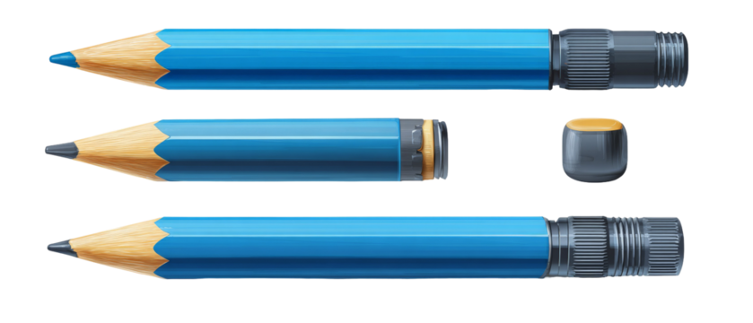A close-up view of three blue mechanical pencils arranged in a row, showcasing their different lengths and designs, with a focus on the intricate details and textures