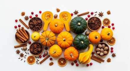 ThanksGiving Day Capture the essence of autumn with a vibrant collection of pumpkins, gourds, cinnamon sticks, star anise, and cranberries perfect for fall-themed recipes, Thanksgiving celebrations