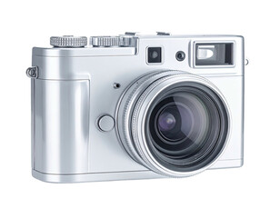Silver rangefinder camera with a prominent lens, on black