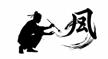 Artist silhouetted while painting a bold brush stroke creating a wind symbol