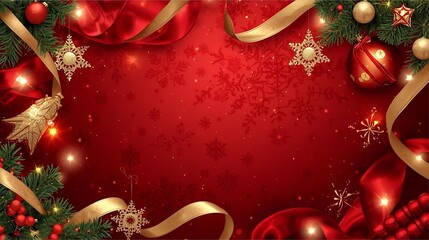 Festive Christmas Frame With Red Satin Ribbons Gold Ornaments And Green Pine Garlands