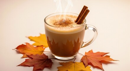 ThanksGiving Day Enjoy a steamy and delicious cinnamon latte this fall, perfect for cozy autumn moments with beautiful fall leaves around a glass mug of spiced goodness, a drink for sweater weather