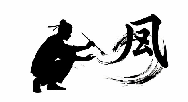 Artist silhouetted while painting a bold brush stroke creating a wind symbol