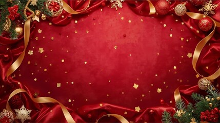 Festive Christmas Backdrop With Red Velvet, Gold Ribbons, Ornaments, and Evergreen Sprigs