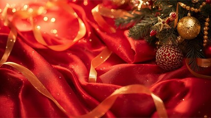 Luxurious Red Velvet Fabric With Golden Ribbons And Christmas Ornaments For Festive Decor Display