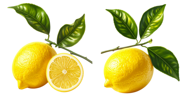 Pair of Fresh Lemon Branch Variations isolated on transparent background