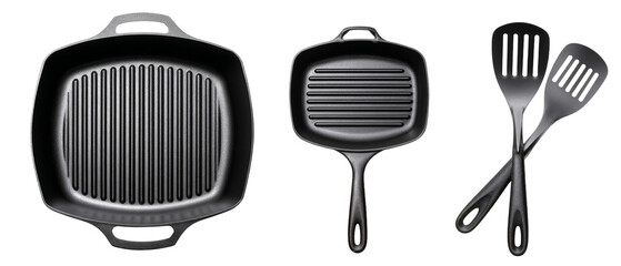 A collection of sleek, black cast iron cookware displayed on a clean surface, featuring a grill pan, a skillet, and matching utensils, ideal for cooking enthusiasts and kitchenware promotions