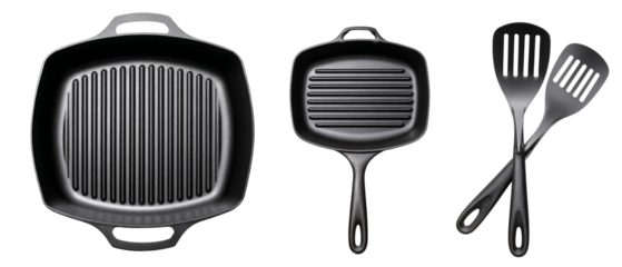 A collection of sleek, black cast iron cookware displayed on a clean surface, featuring a grill pan, a skillet, and matching utensils, ideal for cooking enthusiasts and kitchenware promotions