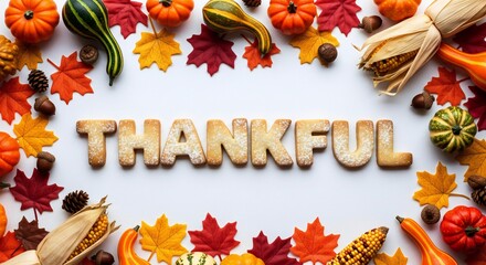 ThanksGiving Day Express your heartfelt gratitude with this autumnal arrangement of pumpkins, gourds, and colorful leaves framing the word 'Thankful' in delicious sugar cookies