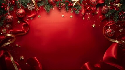 Festive Christmas Border With Red Ornaments, Gold Ribbon, And Pine Branches