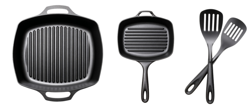A collection of sleek, black cast iron cookware displayed on a clean surface, featuring a grill pan, a skillet, and matching utensils, ideal for cooking enthusiasts and kitchenware promotions