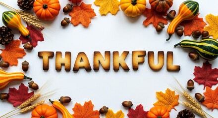 ThanksGiving Day Express Your Gratitude This Season With a Festive Thanksgiving Display of Autumn Leaves, Acorns, Pumpkins, and the Word Thankful in Delicious Baked Cookie Letters