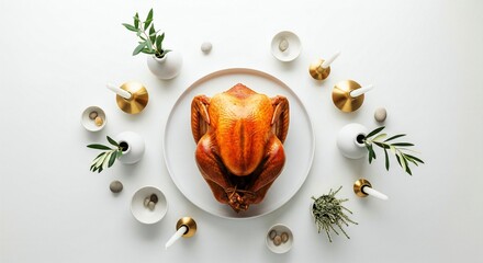 ThanksGiving Day Golden roasted turkey centerpiece for elegant Thanksgiving dinner with candles and minimalist decor, perfect for holiday promotions and warm family gatherings, modern aesthetic