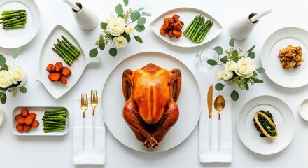 ThanksGiving Day Celebrate Thanksgiving with this stunning golden turkey centerpiece, complemented by vibrant asparagus, sweet potatoes and elegant white roses for a truly memorable feast today