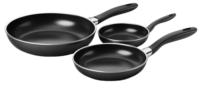 A set of three non-stick frying pans of varying sizes arranged neatly, showcasing their sleek design and functionality, set against a plain background ideal for culinary use