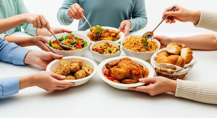 ThanksGiving Day Excited friends sharing delicious Thanksgiving feast with chicken, bread, salad, pasta, and tasty appetizers at bright modern table, perfect for family gatherings and festive celebrat