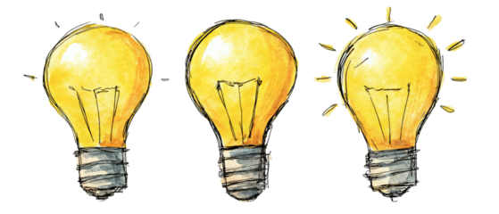 A collection of three hand-drawn light bulbs, showcasing different brightness levels, set against a transparent background, perfect for creative projects or educational materials