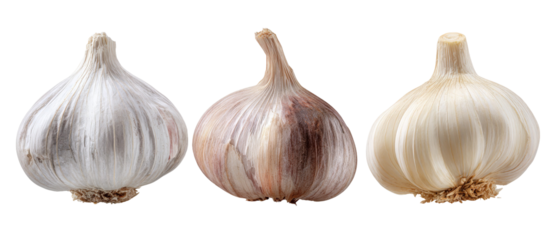 Three distinct varieties of garlic bulbs displayed side by side, showcasing their unique textures and colors against a plain background, ideal for culinary or health-related content