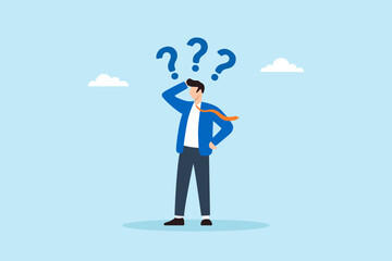Flat illustration of confused businessman with question marks showing uncertainty memory loss hesitation and difficulty in decision making