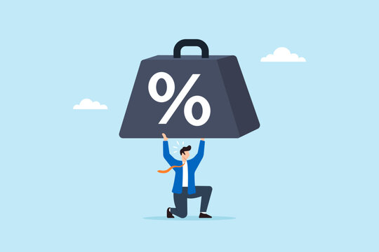 Flat illustration of businessman struggling to lift heavy percentage symbol weight representing financial burden debt pressure loan interest rate stress and economic challenge