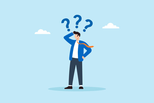 Flat illustration of confused businessman with question marks showing uncertainty memory loss hesitation and difficulty in decision making