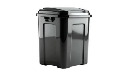 Glossy, black plastic trash can with a lid against black