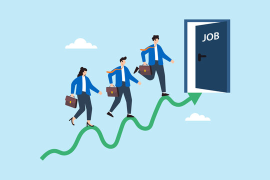 Flat illustration of applicants walking along fluctuating career graph toward open office door symbolizing job hunting journey employment opportunity market challenge and professional growth