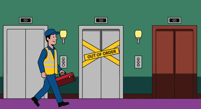 Elevator repair maintenance technician out of order service cartoon vector