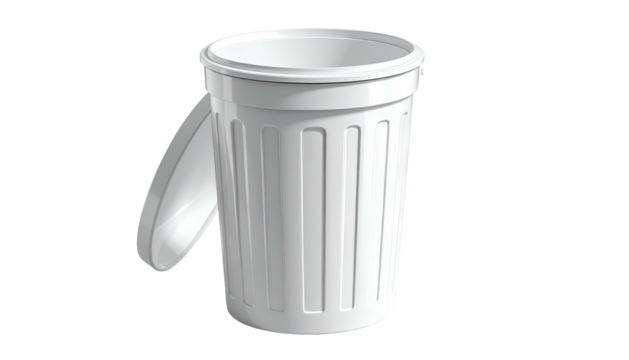 White plastic trash can with the lid slightly off