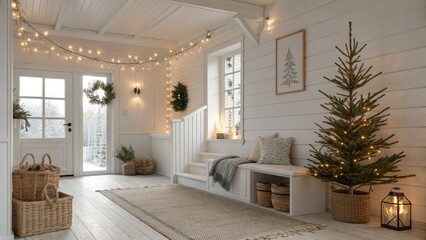 Christmas decor holiday season winter interior design home decoration festive celebration lights tree wreaths baskets cozy atmosphere rustic style snow outdoors