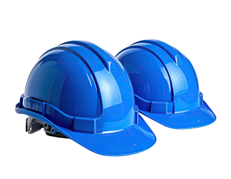 Two blue hard hats, construction gear