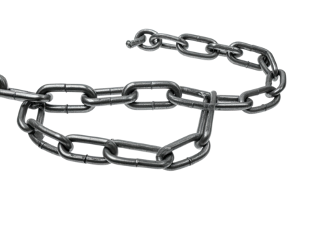 Silver chain's links intertwine on a void black background