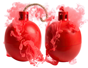 Two red bombs explode, diffusing smoke around on a black background