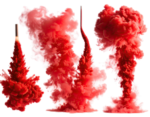 Red, billowing, opaque smoke trails against a dark backdrop