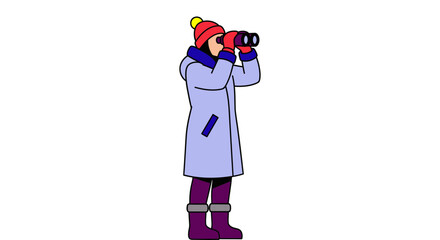 Woman looking through binoculars in winter coat and hat vector art vector