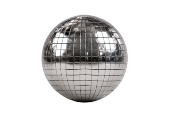 Silver disco ball with reflective square mirrors against black background image