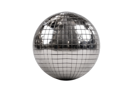 Silver disco ball with reflective square mirrors against black background image