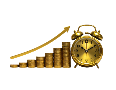 Golden coin stacks, arrow, and clock on black background