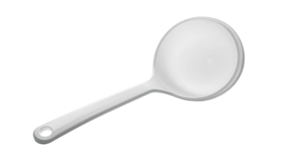 White ladle with a hole in the handle against black