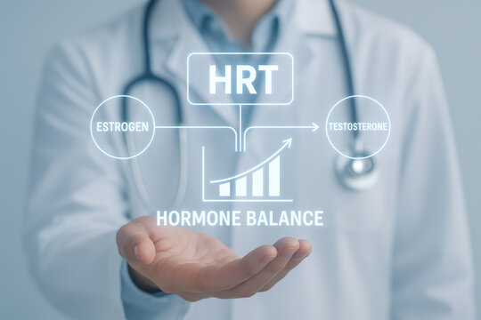HRT hormone balance chart presented by doctor, illustrating relationship between estrogen and testosterone levels. This visual emphasizes importance of hormone regulation for health