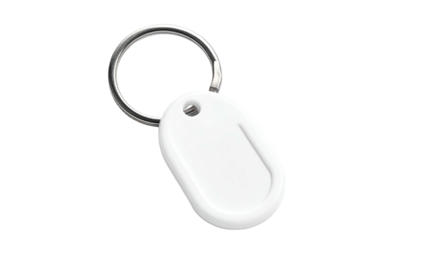 White oval key fob attached to silver keyring, isolated