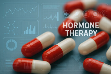 Hormone therapy capsules are displayed prominently against digital medical dashboard, showcasing health data and statistics. This conveys importance of medical advancements in treatment