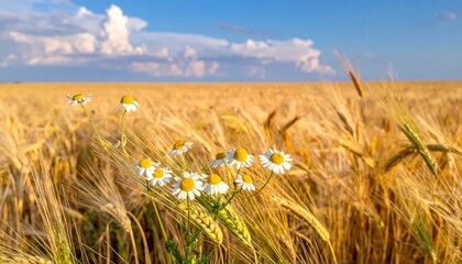 Golden wheat field with daisies under a bright blue sky.