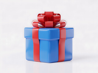 Bright Blue Gift Box with Red Ribbon and Bow on White Background