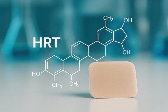 Close up of HRT transdermal patch on clean table with molecular diagram illustrating chemical structure, showcasing modern healthcare and hormone therapy