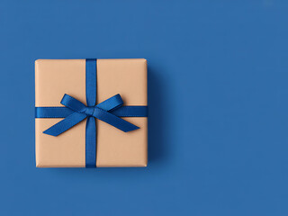Simple Brown Gift Box with Blue Ribbon on Blue Background