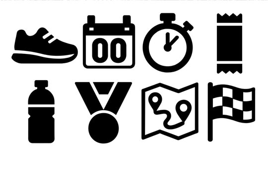 Brutalist Marathon Icons. Marathon Training Set silhouette icon set: sneakers, bib number, timer, energy bar, water bottle, medal, route map, flag.