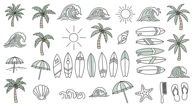 A collection of hand-drawn beach and surfing themed doodle icons on a white background.